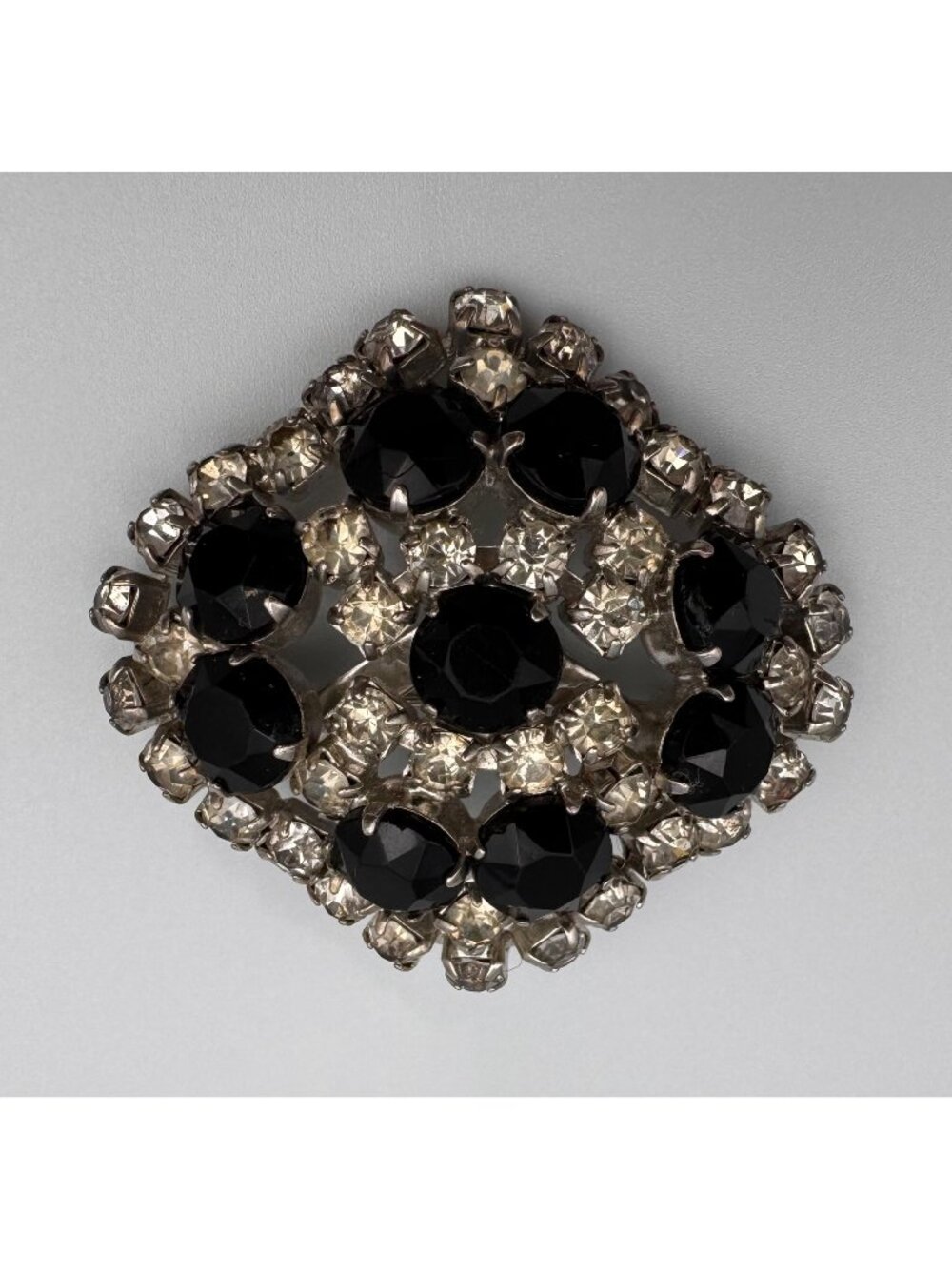 Vintage Black Clear Rhinestone Brooch Silver Tone Statement Pin Unsigned